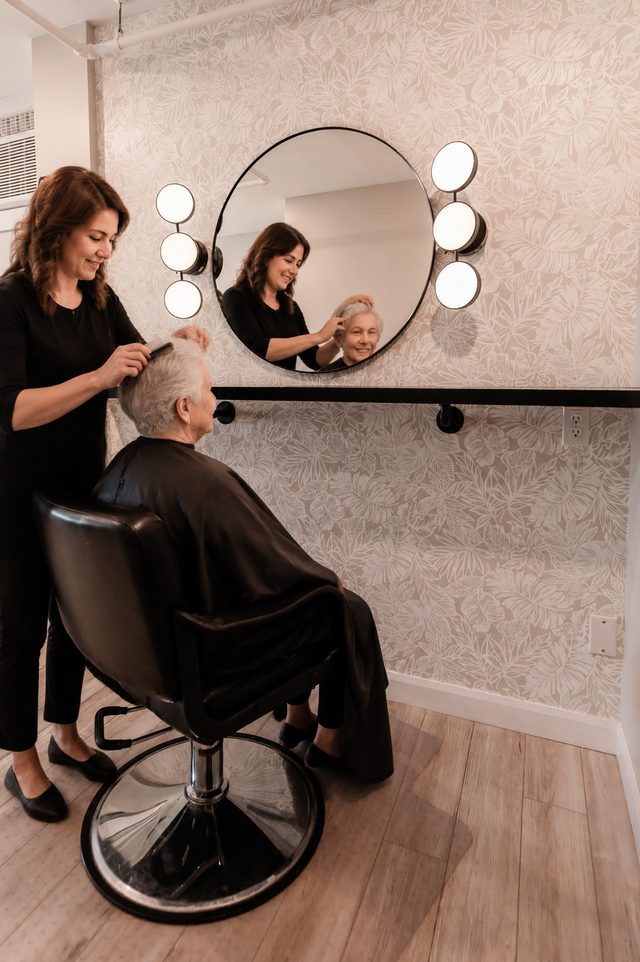 Illustration : une coiffeuse coiffe une résidente devant un miroir.